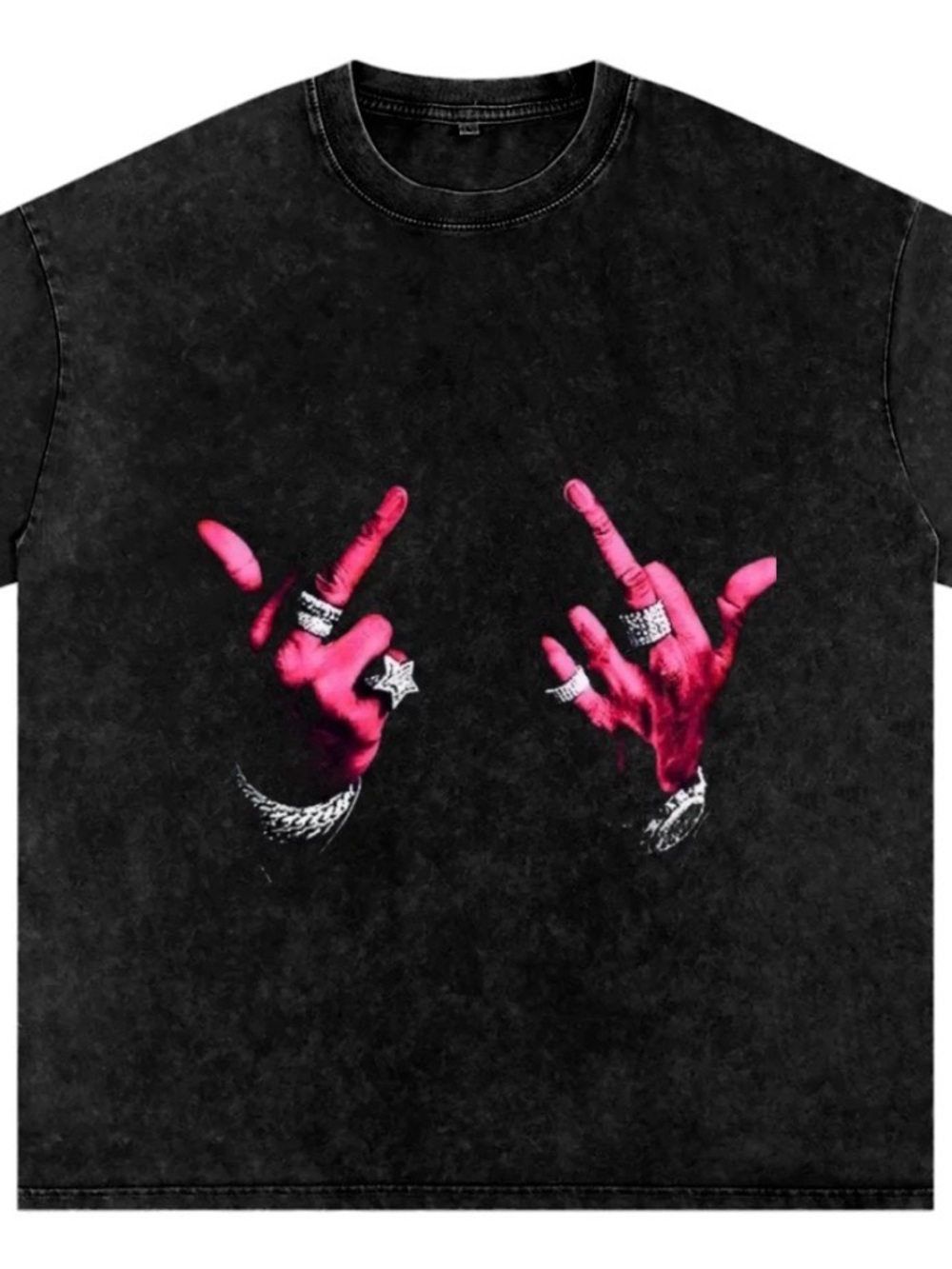 Black Graphic Tee with Pink Hand Motif - Men